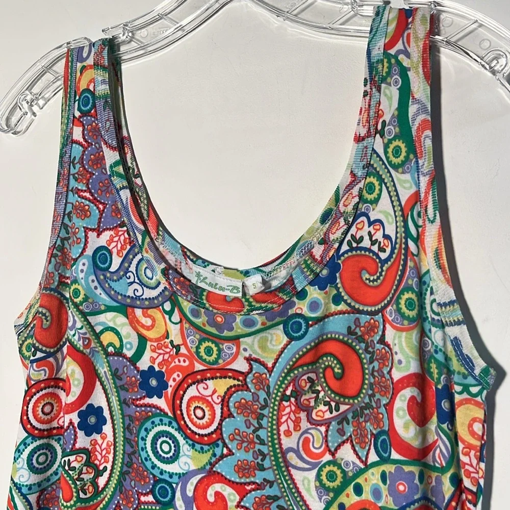 LULU-B Resort 100% Cotton Vibrant Paisley Asymmetric Ruffle Hem Beach Dress SZ S - Picture 2 of 14
